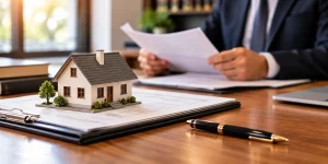 Home 3 Maqueta de casa sobre documentos legales mientras un abogado revisa una ejecución hipotecaria en Chile