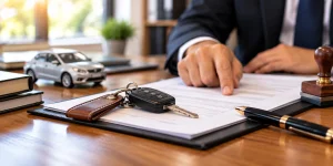 Home 4 Llaves de vehículo sobre contrato de prenda mientras un abogado revisa la ejecución de una garantía prendaria en Chile